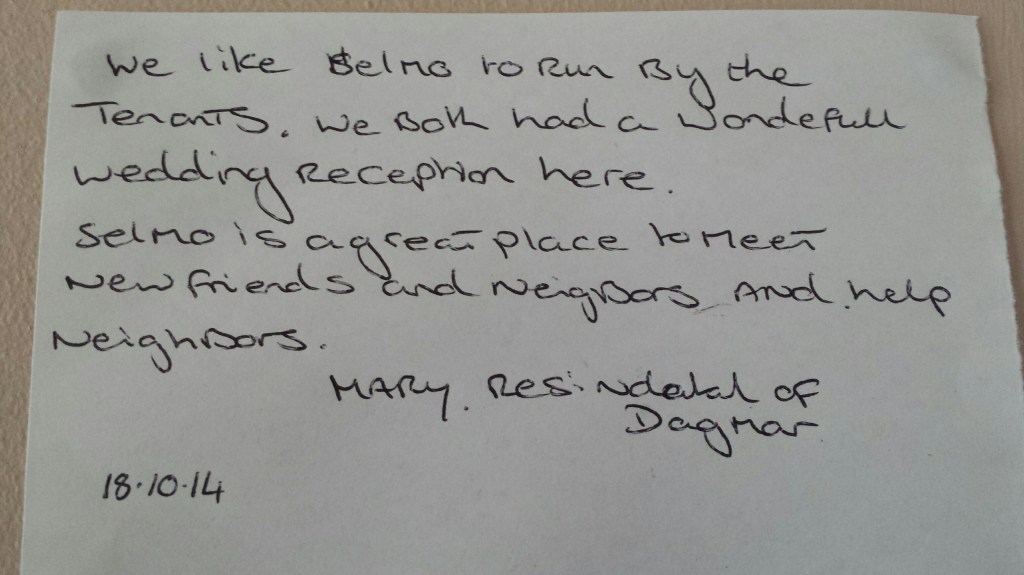 SELMO supporter shares a personal message of support at the SELMO Centre, Samuda Estate, E14. October 2014