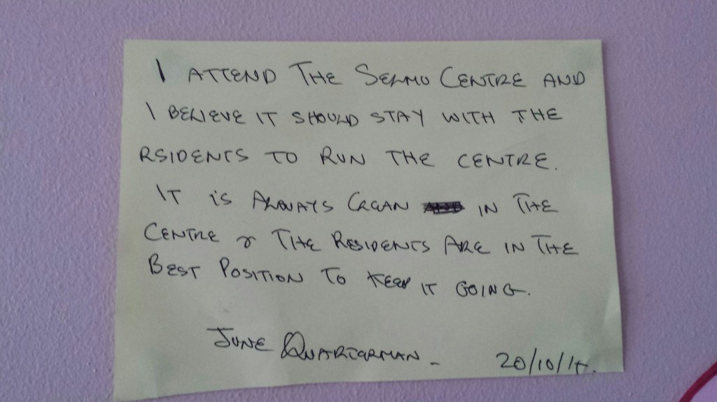 SELMO centre user posts a message of support at the SELMO  Centre, Samuda Estate, E14. October 2014