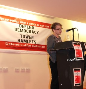 Kate Hudson, Left Unity at Defend Democracy in Tower Hamlets.